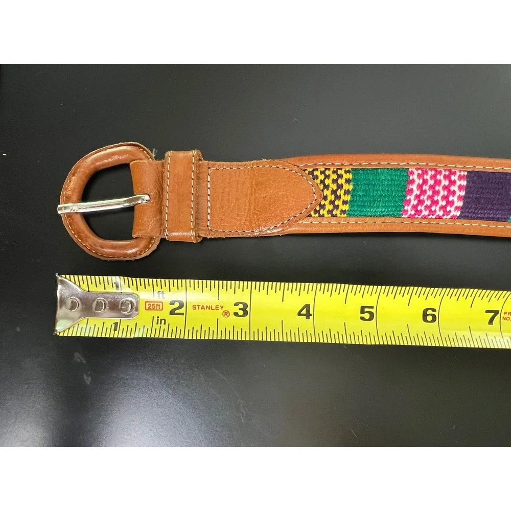 Vintage‎ Handcrafted Tan Leather Woven Textile Boho Belt Multicolor 42 Inch